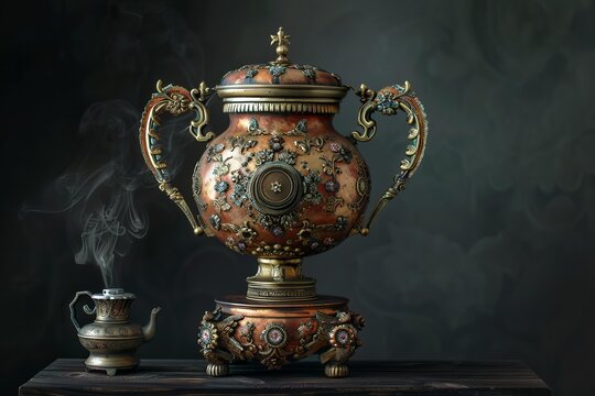 Antique, ornate samovar releasing steam next to a small teapot on a wooden table
