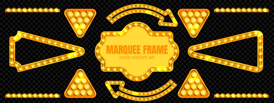 Marquee light frame sign. Vintage arrow cinema bulb box for movie or theater. 3d neon signage for Broadway or carnival show. Disco led entertainment template. Lottery or night party glowing design.