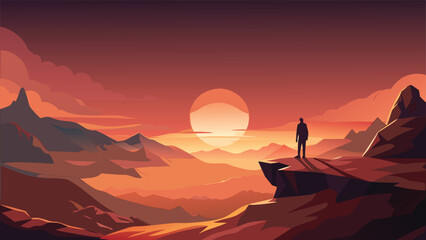 A lone traveler stands at the edge of a vast desert landscape under a vibrant sunset sky Vector © CreativeKamrul