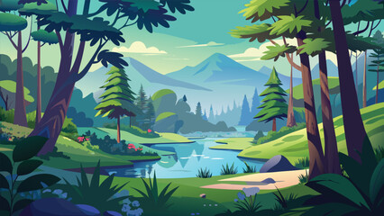 Serene forest glade with crystal clear stream and towering trees Vector © CreativeKamrul