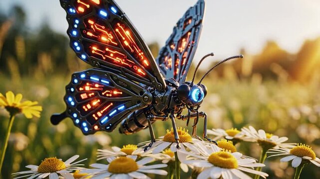 A vibrant butterfly with iridescent wings perched on white daisies in a sunny field viewed from a low angle