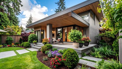 Fototapeta premium A modern house with a lush green garden and potted plants on the front porch