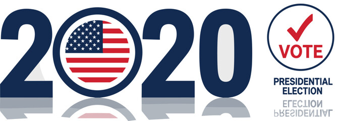 2020 United States presidential election design with vote badge, American flag, patriotic typography, civic participation vector artwork, editable, isolated graphic
