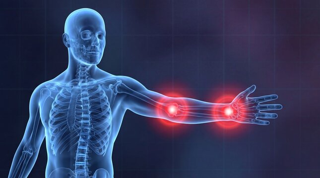 Transparent human skeleton with glowing red pain points in elbow and wrist.