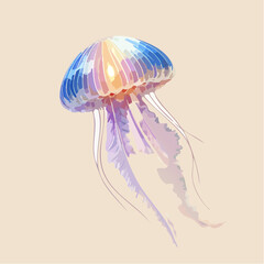one single jellyfish made of iridescent glass glowing from inside, soft dreamlike flowing beige background