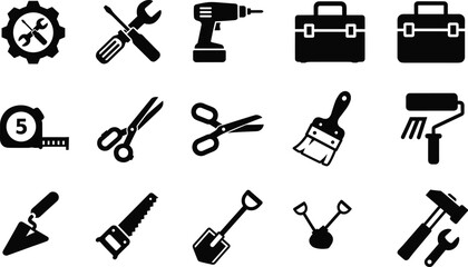 Fototapeta premium Construction tool icon set, repair equipment silhouette, DIY project artwork, manual labor graphic design, industrial vector, black and white symbol pack