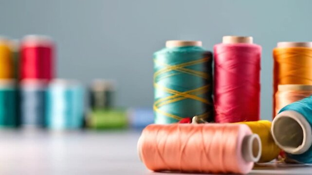 Colorful spools of thread arranged on a white surface, perfect for sewing and crafting projects.