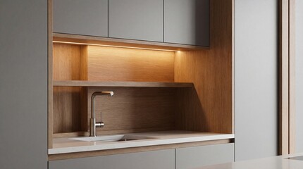 Fototapeta premium Sleek Kitchen Interior with Wood Details