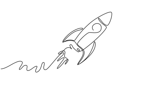 Self drawing line animation Rocket continuous one single line drawn concept video, Video. One continuous editable line drawing of a retro spaceship flying upwards. Rocket of a spaceship being launched