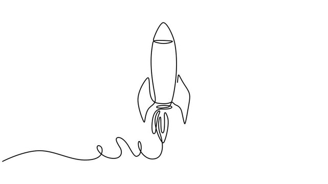 Self drawing line animation Rocket continuous one single line drawn concept video, Video. One continuous editable line drawing of a retro spaceship flying upwards. Rocket of a spaceship being launched