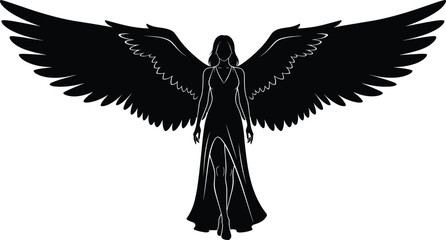 Angel silhouette illustration with large wings, flowing dress, walking pose, fantasy character design, vector artwork, editable, isolated mythical graphic