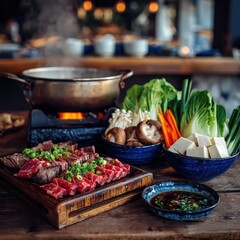 Obraz premium Japanese shabu shabu hot pot dinner with ingredients