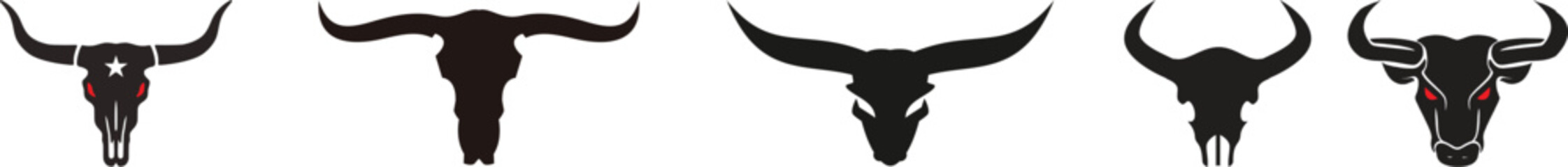 Bull head logo icon set. Bullhead silhouette long horn vector template.Bull and cow silhouette vector collection with running bull and standing cow illustration set isolated design and decoration. © MR Vector Store
