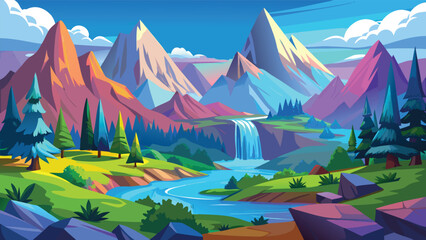 Adobe Vibrant fantasy landscape with majestic mountains and crystal-clear river VectorArtwork © CreativeKamrul