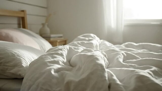 Cozy white bed with rumpled linens and sunlight streaming through window in a bright bedroom