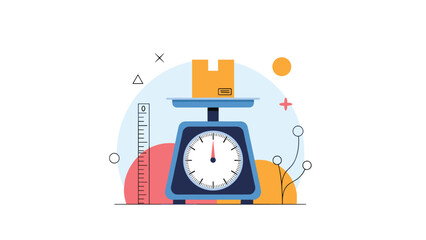 Digital platform scale is shown weighing a small cardboard box for shipping calculations alongside a ruler and decorative elements.