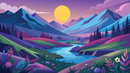 Twilight serenity: a majestic mountain valley at dusk with a glowing moon Vector © CreativeKamrul