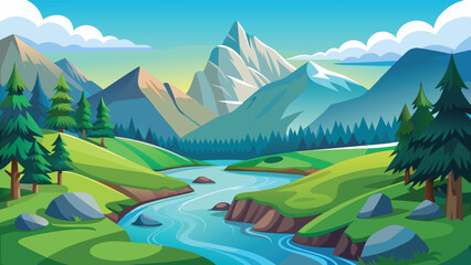 Serene mountain valley with crystal clear river and lush greenery Vector © CreativeKamrul