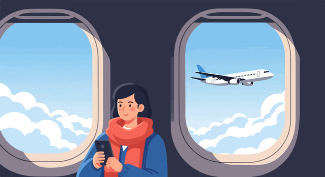 A young person looks at their phone inside an airplane cabin, watching another plane fly by