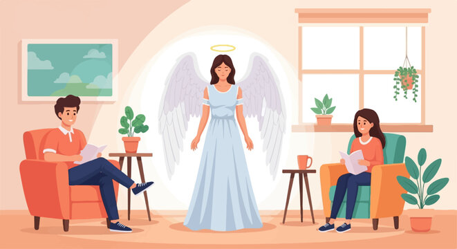 An angel hovers over a man and woman reading in chairs