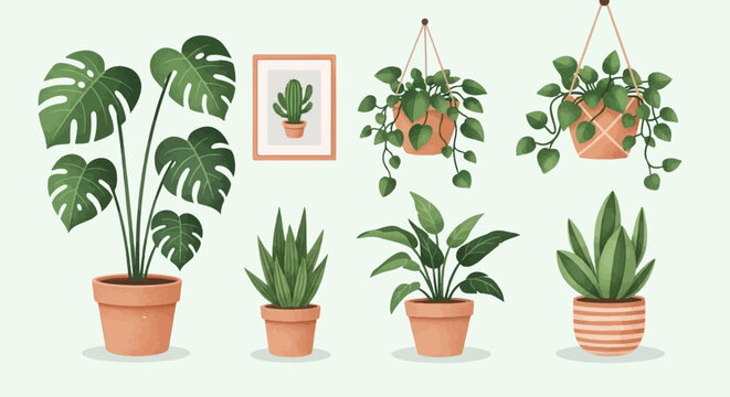 An array of assorted potted indoor plants on a light green backdrop