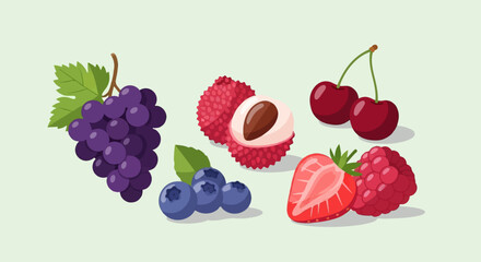 Fototapeta premium Assortment of colorful, pixelated fruits including grapes, lychees, cherries, and berries