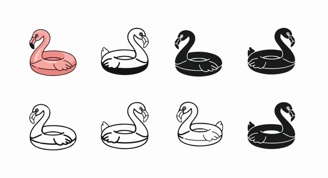 Assortment of flamingo-shaped inflatable rings in various artistic styles