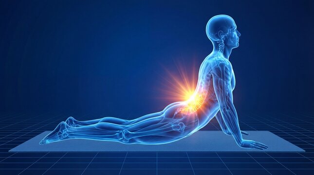 Transparent human skeleton in a yoga pose highlighting spine and back pain