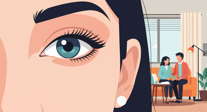 Close-up of a woman's eye and ear, with a couple on a couch in background