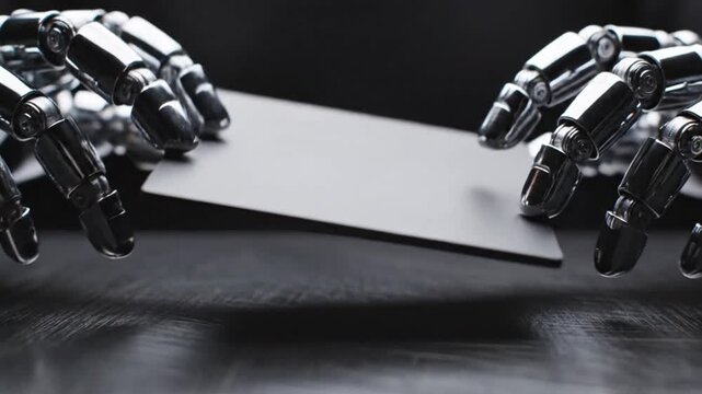 Two chrome robot hands hold a brushedmetal card positioned above a dark textured surface