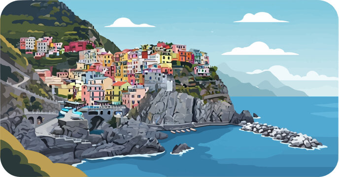 Colorful cliffside village overlooks a serene blue ocean
