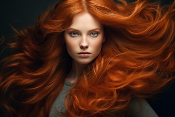 Obraz premium Woman with long, vibrant red hair blowing dramatically around her head