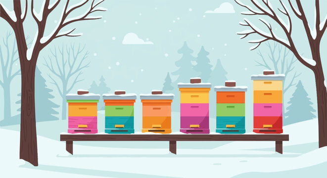 Colorful stacked beehives covered in snow, set in a winter forest landscape