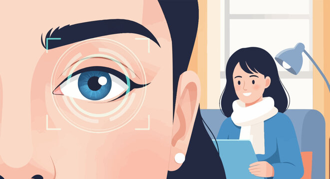 Close-up eye scan identifies a woman with a book on a couch