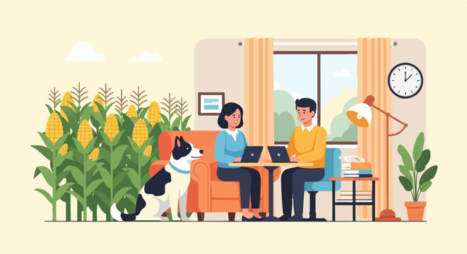 Couple and dog working on laptops near cornfield