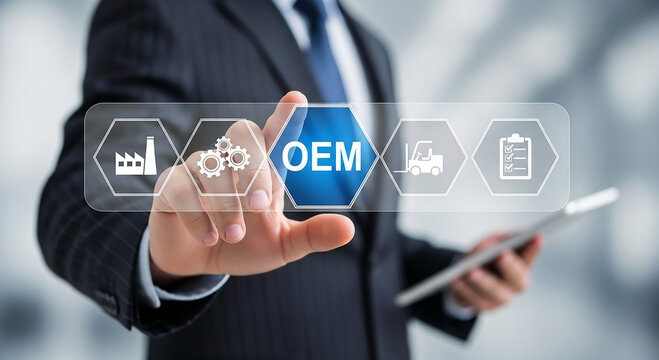 OEM Technology Interface: A sharply dressed executive, pointing towards the OEM interface in a high-tech setting. Immersed in the digital world.