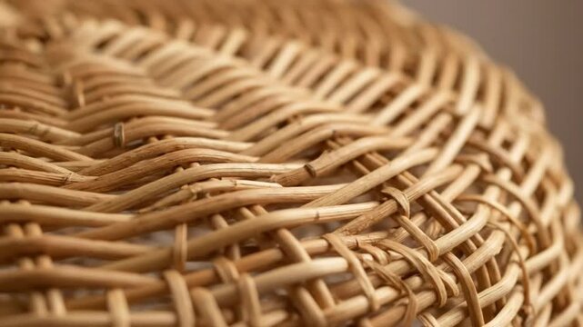 Close-up slow pan of a woven wicker basket's natural texture showcasing intricate craftsmanship and rustic charm