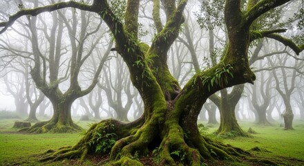 Naklejka premium Low angle view of majestic moss covered trees in a foggy woodland setting