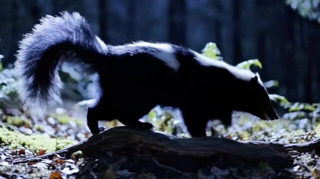 A skunk walking slowly at night with moonlight, cinematic.