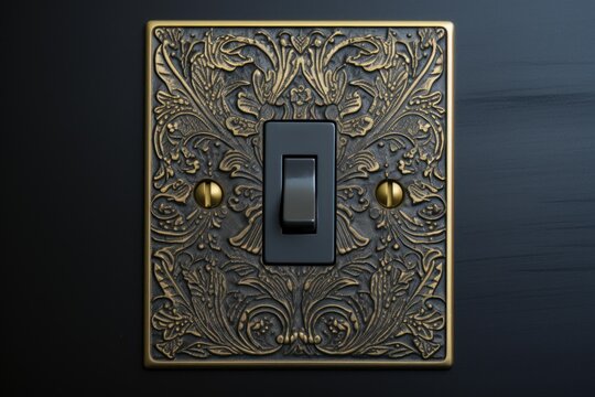 Ornate antique brass light switch featuring an intricate floral pattern on a dark background