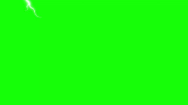 Intense electrical storm bolts flash brightly across a vibrant green screen background providing easy keying for visual effects production
