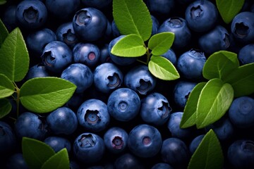 Fototapeta premium Ripe blueberries and green leaves forming a natural, healthy food background