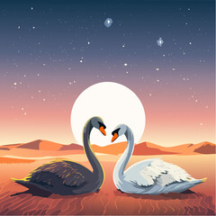 Surreal Desert Romance: Black and White Swans Under a Full Moon in the Sand Dunes