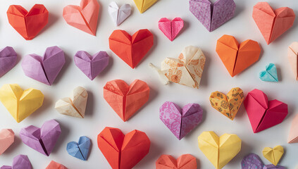 Colorful origami hearts in various shades of pink, red, orange, and yellow arranged randomly on a light surface