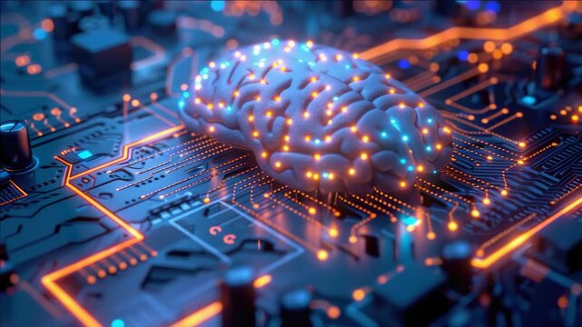 of a human brain integrated with circuit boards and lights.