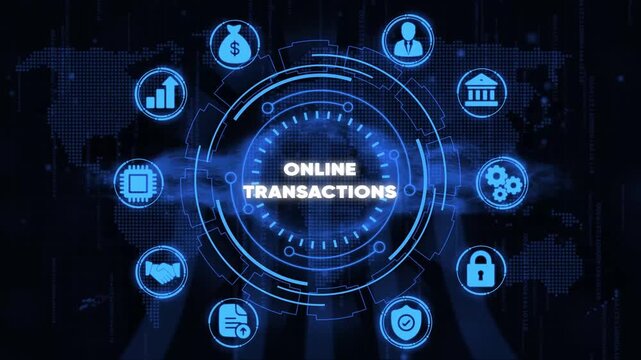 Online Transactions Concept with Digital and Secure Symbols on Dark Background digital payment e-commerce