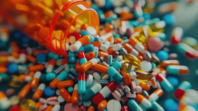 Colorful pills scattered around an open capsule container