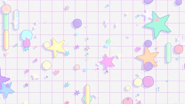 Colorful stars, circles, rounded lines, and stars flying up against white grid background animation. (loop)