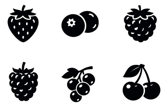 Simple berry icons set featuring strawberry, blueberry, raspberry, blackberry, currant, and cherry for healthy food and beverage concepts