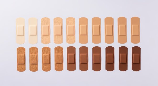 Arrangement of diverse skin tone bandages creating an inclusive and colorful pattern on white background
